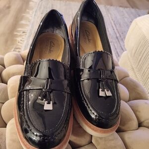 Clarks Black Patent Leather Loafers with Tan Sole